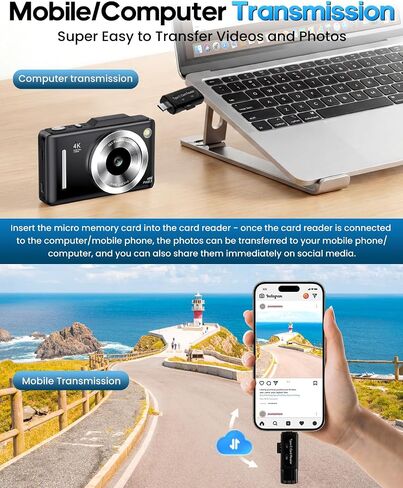 Digital Camera 4K Autofocus Vlogging Camera for Photography with 16X Zoom Anti Shake, 32GB Card, 48MP Compact Portable Point and Shoot Camera for Kids Boys Girls Teens Beginner（Black） in Kuwait