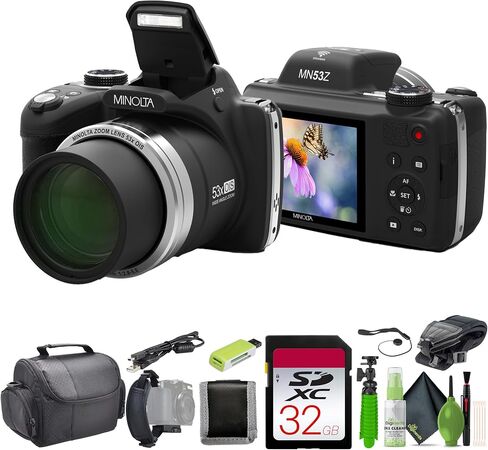 MINOLTA MN53Z 16 MP / 1080P FHD Bridge Digital Camera w/53x Optical Zoom (Black) Bundle with 32GB Memory Card + Camara Bag + Cleaning Kit + Vlogging Tripod + Accessories in Kuwait