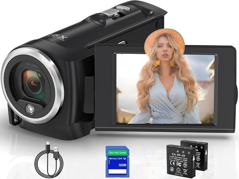 Camcorder Video Camera QHD 2.7K 56MP 16X Digital Zoom Vlogging Camera | 2.8 Inch 270 Degree Rotation LCD Screen Camcorder with LED Fill Light for YouTube, 32GB SD Card and Two Batteries in Kuwait