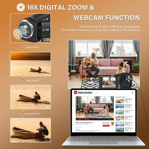 Camcorder Video Camera QHD 2.7K 56MP 16X Digital Zoom Vlogging Camera | 2.8 Inch 270 Degree Rotation LCD Screen Camcorder with LED Fill Light for YouTube, 32GB SD Card and Two Batteries in Kuwait