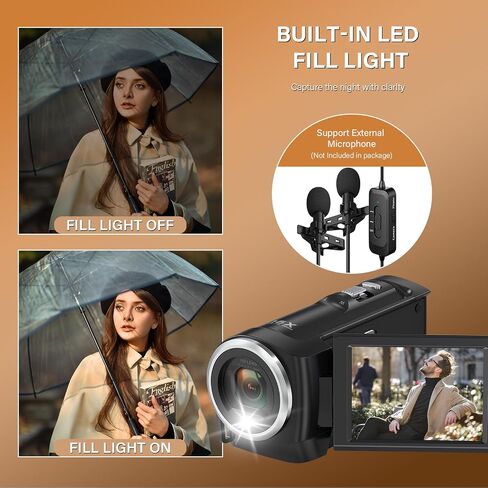 Camcorder Video Camera QHD 2.7K 56MP 16X Digital Zoom Vlogging Camera | 2.8 Inch 270 Degree Rotation LCD Screen Camcorder with LED Fill Light for YouTube, 32GB SD Card and Two Batteries in Kuwait