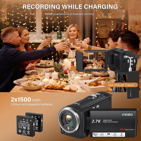 Camcorder Video Camera QHD 2.7K 56MP 16X Digital Zoom Vlogging Camera | 2.8 Inch 270 Degree Rotation LCD Screen Camcorder with LED Fill Light for YouTube, 32GB SD Card and Two Batteries in Kuwait