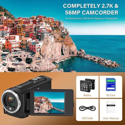 Camcorder Video Camera QHD 2.7K 56MP 16X Digital Zoom Vlogging Camera | 2.8 Inch 270 Degree Rotation LCD Screen Camcorder with LED Fill Light for YouTube, 32GB SD Card and Two Batteries in Kuwait