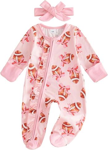 Newborn Baby Girl Fall Outfits Print Zipper Footed Romper Winter Clothes | Polyester Blend, Crewneck, Long Sleeve, Ruffled, Headband, Suitable for Football Activities and Halloween, 0-12 Months in Kuwait