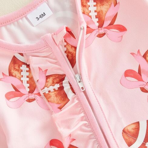 Newborn Baby Girl Fall Outfits Print Zipper Footed Romper Winter Clothes | Polyester Blend, Crewneck, Long Sleeve, Ruffled, Headband, Suitable for Football Activities and Halloween, 0-12 Months in Kuwait