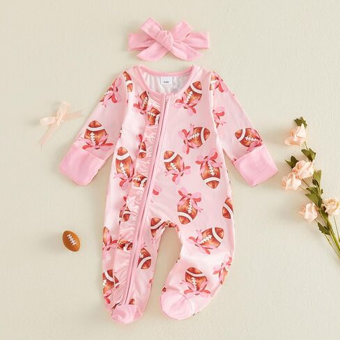 Newborn Baby Girl Fall Outfits Print Zipper Footed Romper Winter Clothes | Polyester Blend, Crewneck, Long Sleeve, Ruffled, Headband, Suitable for Football Activities and Halloween, 0-12 Months in Kuwait