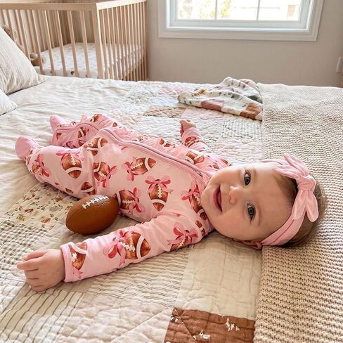 Newborn Baby Girl Fall Outfits Print Zipper Footed Romper Winter Clothes | Polyester Blend, Crewneck, Long Sleeve, Ruffled, Headband, Suitable for Football Activities and Halloween, 0-12 Months in Kuwait