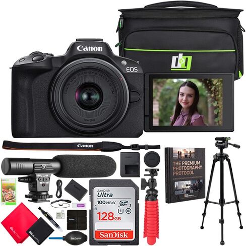 Canon EOS R50 Mirrorless Camera with RF-S 18-45mm and 55-210mm Lens Bundle | 5811C022 Incl. Deco Gear Camera Bag + Microphone + Monopod + Photography Pro Ebook & Accessories Kit in Saudi Arabia