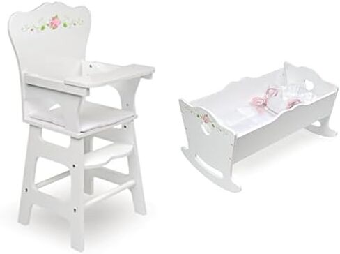Badger Basket Wooden Doll High Chair + Toy Rocking Cradle with Bedding and Free Personalization Kit, fits 18-inch Dolls, White Rose in Kuwait