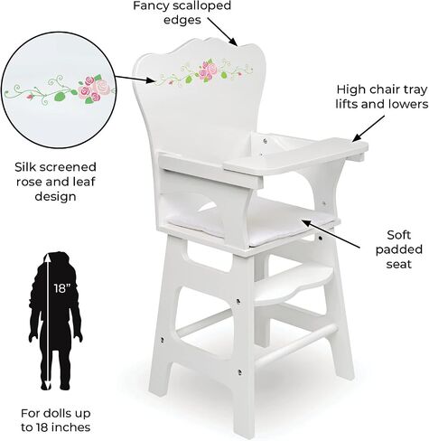 Badger Basket Wooden Doll High Chair + Toy Rocking Cradle with Bedding and Free Personalization Kit, fits 18-inch Dolls, White Rose in Kuwait