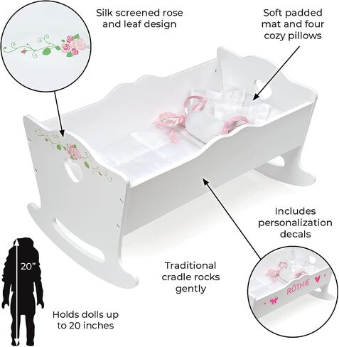 Badger Basket Wooden Doll High Chair + Toy Rocking Cradle with Bedding and Free Personalization Kit, fits 18-inch Dolls, White Rose in Kuwait