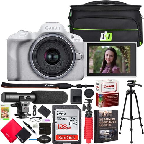 Canon EOS R50 Mirrorless Camera Body with 2 Lens Kit RF-S 18-45mm is STM and RF-S 55-210mm is STM 5811C022 Bundle with Deco Gear Camera Bag + Microphone + Tripod + Photography Pro & Accessories Kit in Kuwait