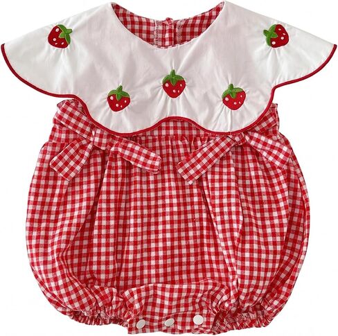 Baby Girl Strawberry Romper Gingham Bubble Outfit, Cute Dress Style Summer Clothes for Infant Girls (1-18 Months) in Kuwait