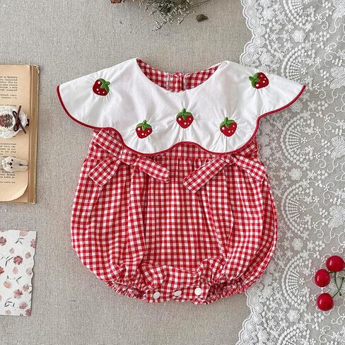 Baby Girl Strawberry Romper Gingham Bubble Outfit, Cute Dress Style Summer Clothes for Infant Girls (1-18 Months) in Kuwait