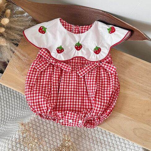 Baby Girl Strawberry Romper Gingham Bubble Outfit, Cute Dress Style Summer Clothes for Infant Girls (1-18 Months) in Kuwait