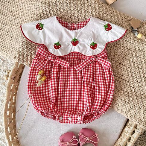 Baby Girl Strawberry Romper Gingham Bubble Outfit, Cute Dress Style Summer Clothes for Infant Girls (1-18 Months) in Kuwait