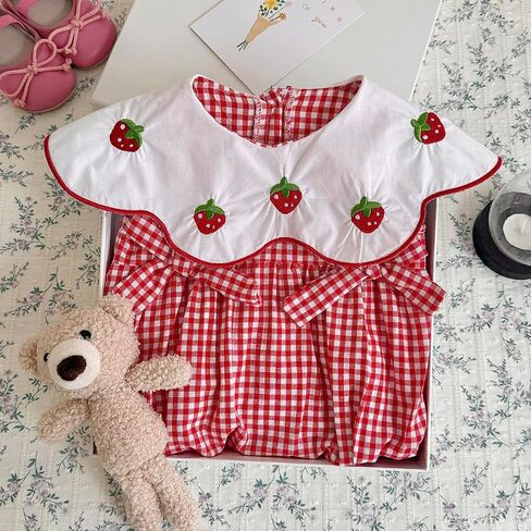 Baby Girl Strawberry Romper Gingham Bubble Outfit, Cute Dress Style Summer Clothes for Infant Girls (1-18 Months) in Kuwait