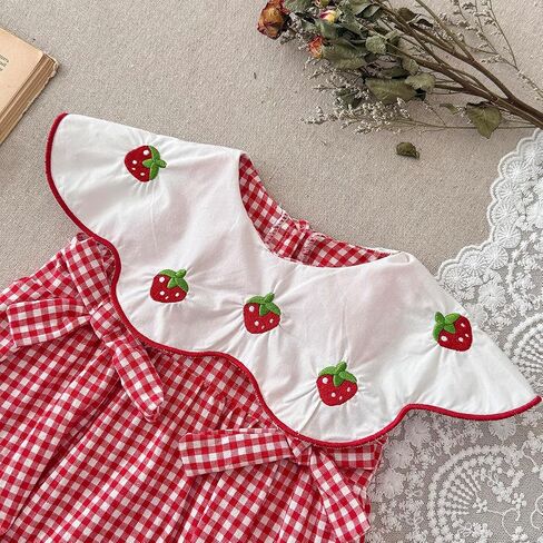Baby Girl Strawberry Romper Gingham Bubble Outfit, Cute Dress Style Summer Clothes for Infant Girls (1-18 Months) in Kuwait