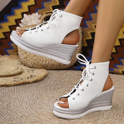 Women's Platform Wedge Sandals Y2K Lace Up Peep Toe High Top Sneaker Wedges Comfortable Backless Goth Summer Shoes in Kuwait
