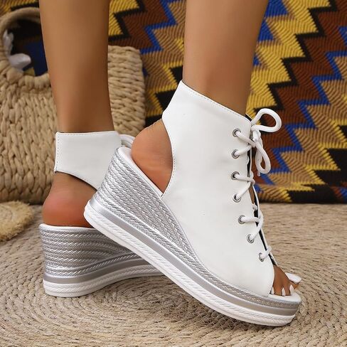 Women's Platform Wedge Sandals Y2K Lace Up Peep Toe High Top Sneaker Wedges Comfortable Backless Goth Summer Shoes in Kuwait