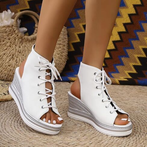 Women's Platform Wedge Sandals Y2K Lace Up Peep Toe High Top Sneaker Wedges Comfortable Backless Goth Summer Shoes in Kuwait