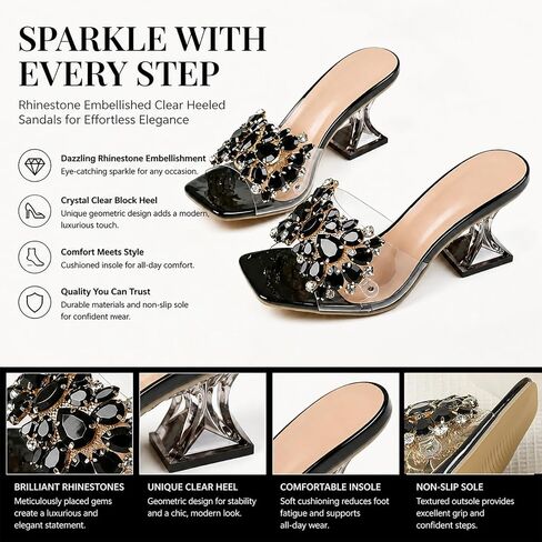 Women'S Clear Flower Square Open Toe Flared Heel Slide Sandals Fashion Transparent Wine Glasses Heel Dress Mules Sandals For Summer Party, Wedding Prom in Kuwait