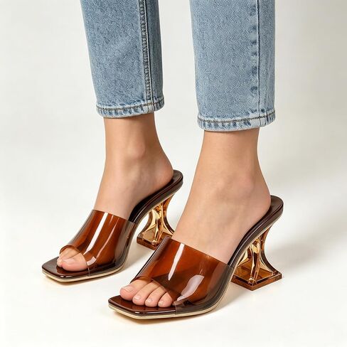Women'S Clear Flower Square Open Toe Flared Heel Slide Sandals Fashion Transparent Wine Glasses Heel Dress Mules Sandals For Summer Party, Wedding Prom in Kuwait