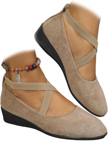 Dress Flats for Women 2026 Pointed Toe Ballet Loafers Low Wedge Slip On Shoes with Elastic Ankle Strap Crisscross Straps for Office Work Casual Outfits Wedding Guest Daily Wear in Kuwait