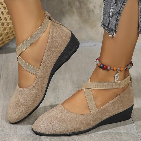 Dress Flats for Women 2026 Pointed Toe Ballet Loafers Low Wedge Slip On Shoes with Elastic Ankle Strap Crisscross Straps for Office Work Casual Outfits Wedding Guest Daily Wear in Kuwait