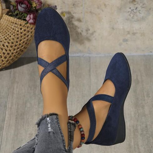 Dress Flats for Women 2026 Pointed Toe Ballet Loafers Low Wedge Slip On Shoes with Elastic Ankle Strap Crisscross Straps for Office Work Casual Outfits Wedding Guest Daily Wear in Kuwait