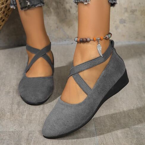 Dress Flats for Women 2026 Pointed Toe Ballet Loafers Low Wedge Slip On Shoes with Elastic Ankle Strap Crisscross Straps for Office Work Casual Outfits Wedding Guest Daily Wear in Kuwait