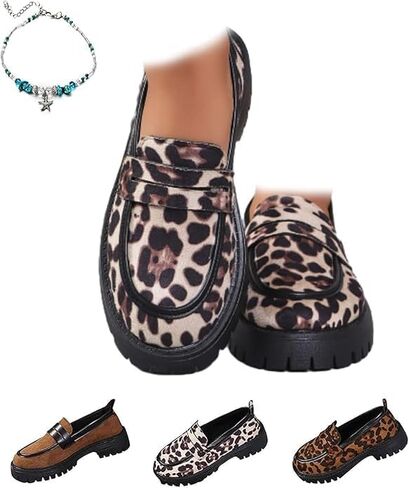 Women's Leopard-Print Suede Block-Heel Loafers,Premium Animal Print Loafers,Comfortable Suede Penny Womens Loafer Elegant Wide Low Heel Business Office Shoes in Kuwait