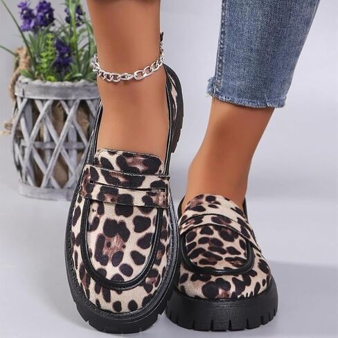 Women's Leopard-Print Suede Block-Heel Loafers,Premium Animal Print Loafers,Comfortable Suede Penny Womens Loafer Elegant Wide Low Heel Business Office Shoes in Kuwait