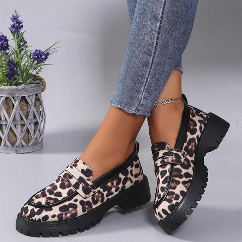 Women's Leopard-Print Suede Block-Heel Loafers,Premium Animal Print Loafers,Comfortable Suede Penny Womens Loafer Elegant Wide Low Heel Business Office Shoes in Kuwait