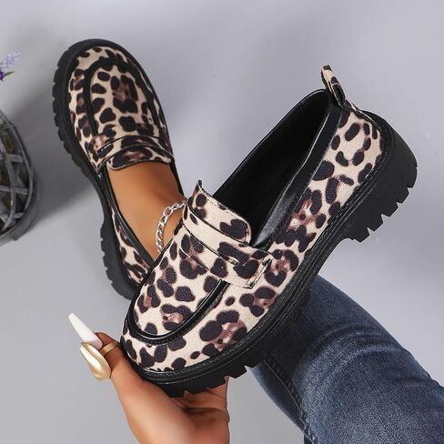 Women's Leopard-Print Suede Block-Heel Loafers,Premium Animal Print Loafers,Comfortable Suede Penny Womens Loafer Elegant Wide Low Heel Business Office Shoes in Kuwait