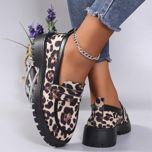 Women's Leopard-Print Suede Block-Heel Loafers,Premium Animal Print Loafers,Comfortable Suede Penny Womens Loafer Elegant Wide Low Heel Business Office Shoes in Kuwait