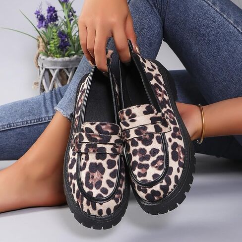 Women's Leopard-Print Suede Block-Heel Loafers,Premium Animal Print Loafers,Comfortable Suede Penny Womens Loafer Elegant Wide Low Heel Business Office Shoes in Kuwait