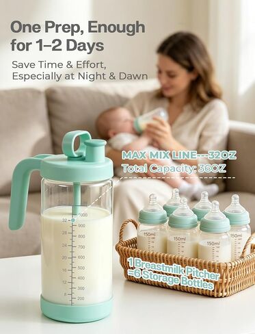 32oz Glass Formula Mixing Pitcher, Borosilicate Breastmilk Mixer, BPA-Free | Microplastic-Free, Leakproof Breastmilk Fridge Storage Container with Silicone Seal, Baby Feeding Pitcher, Dishwasher-Safe in Kuwait