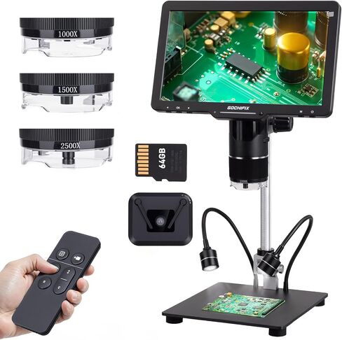10.1 Inch Digital Microscope 2K HDMI Soldering Coin Magnifier | Triple Lens 24MP IPS Screen, 12 Dimmable LEDs, 64GB Card, PC/TV Compatible Electronic Magnifier for Adults, Board Repair in Kuwait