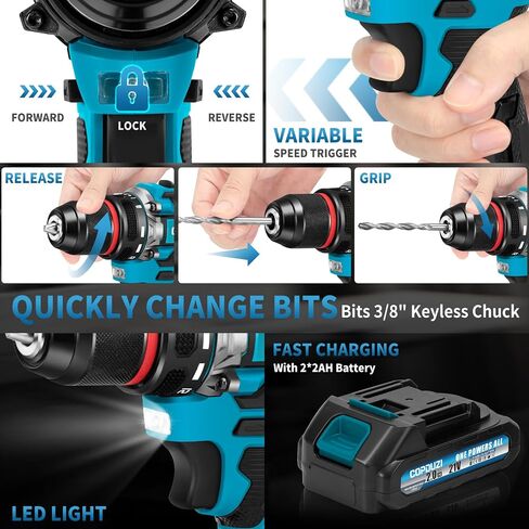 21V Cordless Drill Driver Combo Kit, Brushless Power Drill Tool Set with 2x2.0Ah Battery, 210-PCs Portable General Basic Home Repair Tool Set, Electric Drill Kit for Daily Home Repair, DIY in Kuwait