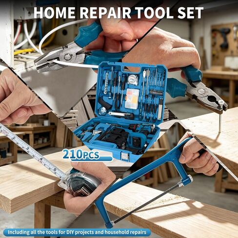 21V Cordless Drill Driver Combo Kit, Brushless Power Drill Tool Set with 2x2.0Ah Battery, 210-PCs Portable General Basic Home Repair Tool Set, Electric Drill Kit for Daily Home Repair, DIY in Kuwait