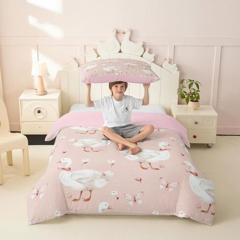 Homewish Lovely Duck Duvet Cover Set Toddler Pink Butterflies Bedding Set with 1 Pillowcases Lovely Flowers Animals Comforter Cover Kids Boys Bedroom Decor No Comforter Nude Pink in Kuwait