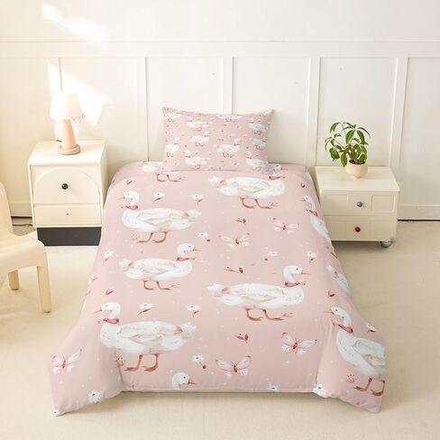 Homewish Lovely Duck Duvet Cover Set Toddler Pink Butterflies Bedding Set with 1 Pillowcases Lovely Flowers Animals Comforter Cover Kids Boys Bedroom Decor No Comforter Nude Pink in Kuwait