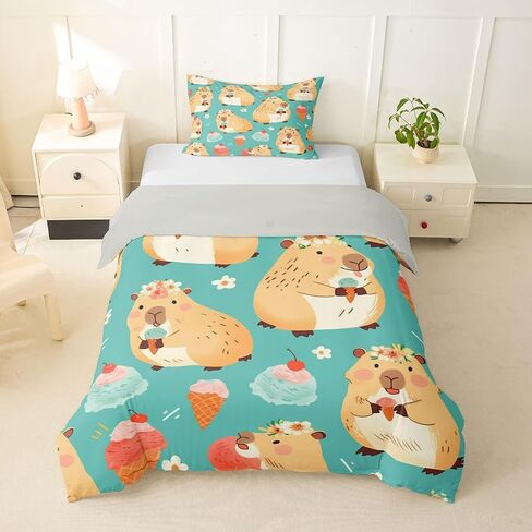 Erosebridal Cute Capybara Toddler Duvet Cover Kawaii Capybara Eating Ice Cream Comforter Cover for Kids Teens Cartoon Cute Animals Bedding Set Cake Dessert Birthday Decor Bed Set with Zipper in Kuwait