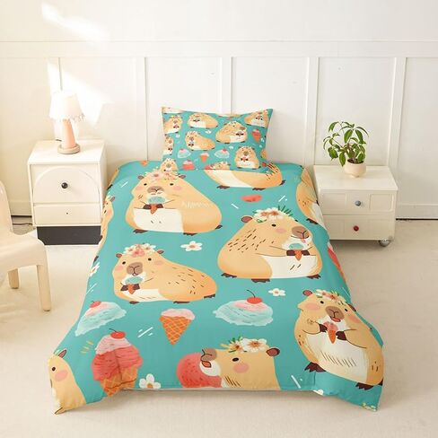 Erosebridal Cute Capybara Toddler Duvet Cover Kawaii Capybara Eating Ice Cream Comforter Cover for Kids Teens Cartoon Cute Animals Bedding Set Cake Dessert Birthday Decor Bed Set with Zipper in Kuwait
