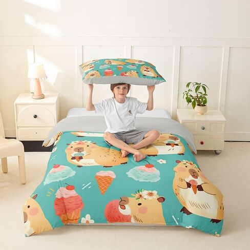 Erosebridal Cute Capybara Toddler Duvet Cover Kawaii Capybara Eating Ice Cream Comforter Cover for Kids Teens Cartoon Cute Animals Bedding Set Cake Dessert Birthday Decor Bed Set with Zipper in Kuwait