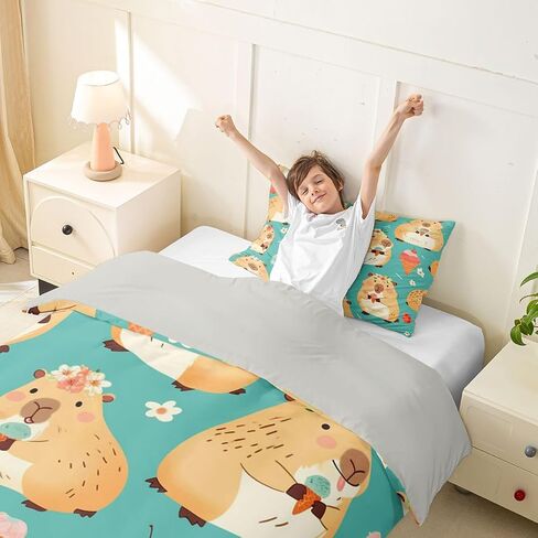 Erosebridal Cute Capybara Toddler Duvet Cover Kawaii Capybara Eating Ice Cream Comforter Cover for Kids Teens Cartoon Cute Animals Bedding Set Cake Dessert Birthday Decor Bed Set with Zipper in Kuwait