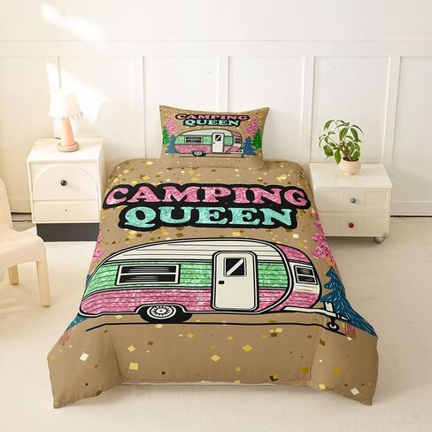 Erosebridal Camper Duvet Cover Set Glittery Camp Travel Car Girl Toddler Bedding Set for Young Boys Abstract Sparkly Comforter Cover Glitter Effect is Printed Bed Sets, Room Decor Aesthetic in Kuwait