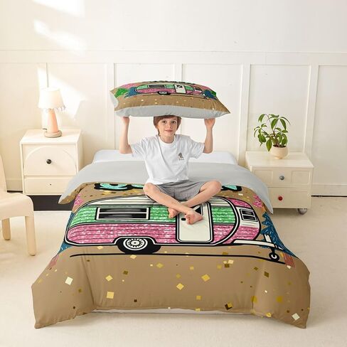 Erosebridal Camper Duvet Cover Set Glittery Camp Travel Car Girl Toddler Bedding Set for Young Boys Abstract Sparkly Comforter Cover Glitter Effect is Printed Bed Sets, Room Decor Aesthetic in Kuwait