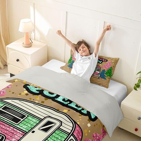 Erosebridal Camper Duvet Cover Set Glittery Camp Travel Car Girl Toddler Bedding Set for Young Boys Abstract Sparkly Comforter Cover Glitter Effect is Printed Bed Sets, Room Decor Aesthetic in Kuwait